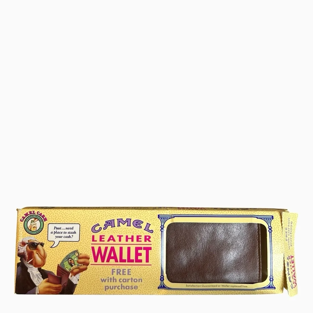 VTG Joe Camel  Tobacco Brown Leather Folding Wallet In Box
